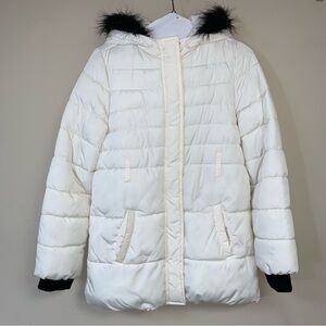 Place Long Coat Girl’s 14 XL Puffer Quilted Winter Warm White Faux Fur Trim Hood